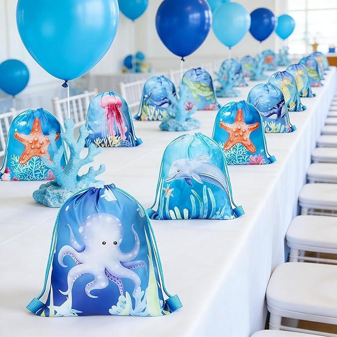 Clabby 12 Pcs Under the Sea Party Favors Bags Drawstring Ocean Theme Backpack Under the Sea Party Favors Supplies Fish Goodie Gift Bags Birthday Decorations (10 x 12 Inch)