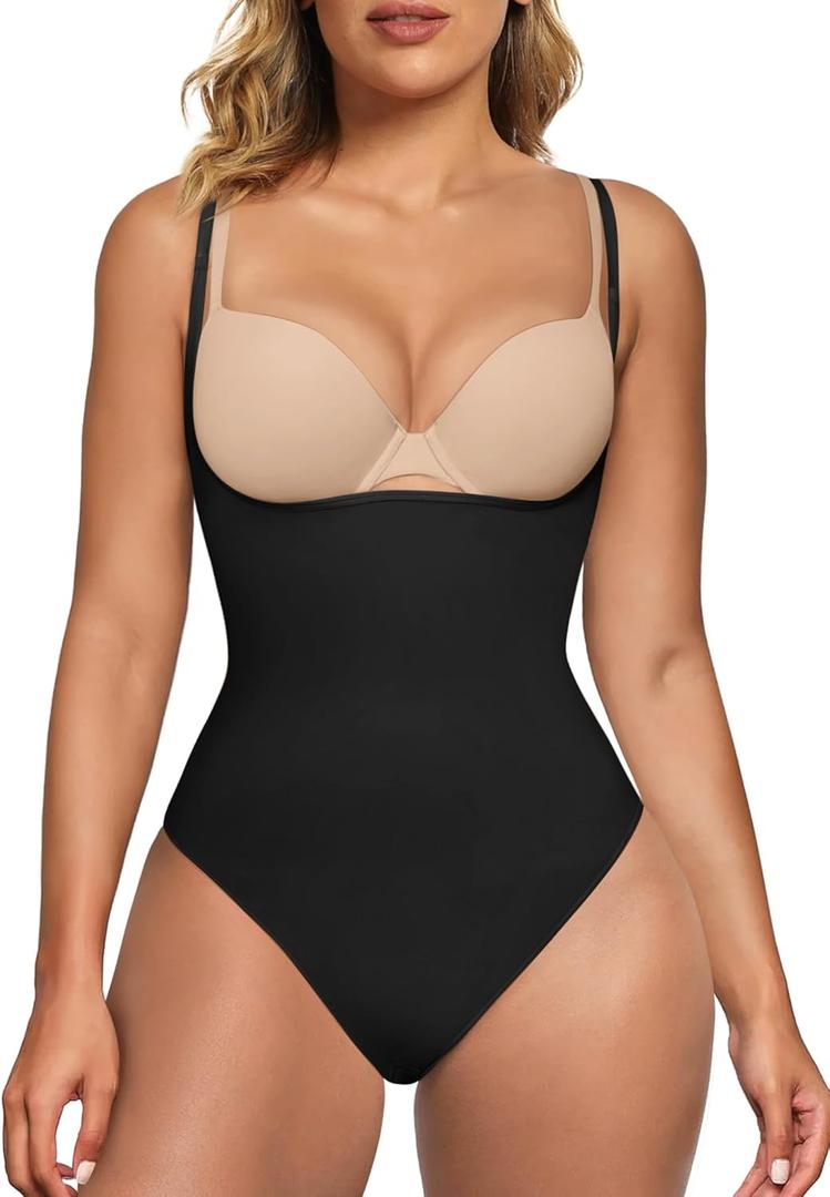 SHAPERX Open Bust Shapewear Tummy Control Bodysuits for Women Seamless Compression High Waisted Body Shaper (Black(thong)), Size L/XL