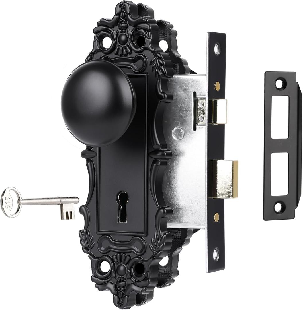 Mortise Lock Set for Interior Door, Matte Black Door Knob with Lock and Skeleton Key, Antique Old Style Door Knob Lock Replacement, Vintage Mortise Door Knobs for Interior Doors