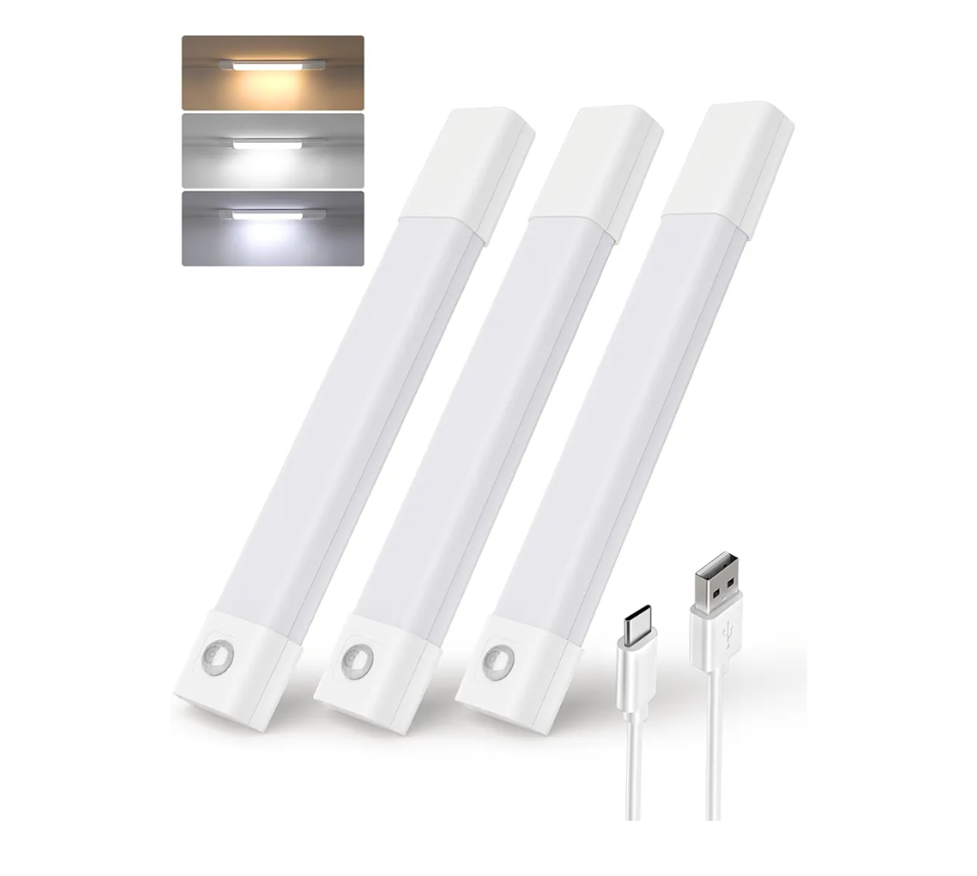 EZVALO 3 Pack 7” Motion Sensor Light Indoor, Wireless Under Cabinet Lighting, 30 LED Rechargeable Closet Lights, Dimmable, 3 Color Temperatures, Counter Lights for Wardrobe, Pantry, Bedroom, Kitchen