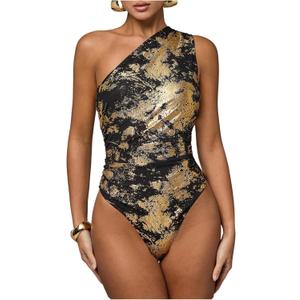 WDIRARA Women's Tie Dye Mesh One Shoulder Bodysuit Metallic Sleeveless Asymmetrical Tank Body Suits (Large)