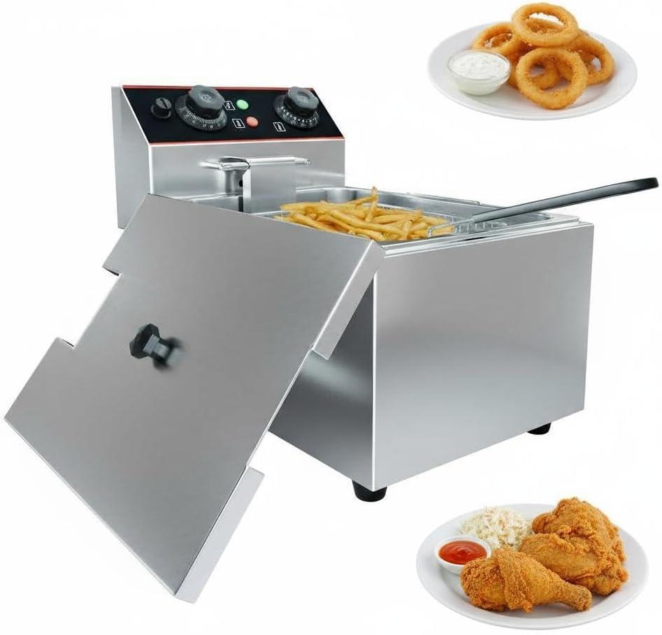 Garvee Stainless Steel Commercial Deep Fryer, 8.4 QT/8 L Countertop Electric Oil Fryer with Detachable Basket and Lid, Adjustable Temperature Control for Home and Restaurant Use, 1800W