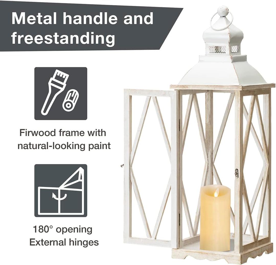 Glitzhome Lanterns Decorative Indoor, Set of 2 Farmhouse Decorative Candle Lanterns, Large Wooden Lanterns Decor Floor Candle Holder Lanterns, Distressed Hanging Lanterns for Home Décor (No Glass)