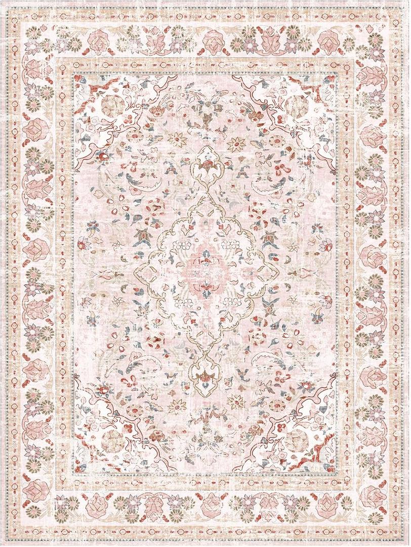 Vhong Pink Area Rugs Washable Boho Vintage Modern Neutral Large Carpet 5×7 High Traffic Rugs for Dinning Room Living Room Bedroom Girls' Room Nursery Room Non Slip