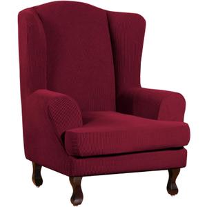 Turquoize Wingback Chair Covers 2 Piece Wing Chair Slipcover Stretch Slipcovers for Wingback Chairs Wing Chair Cover Spandex Jacquard Fabric with Elastic Bottom Non-Slip Furniture Cover, Burgundy