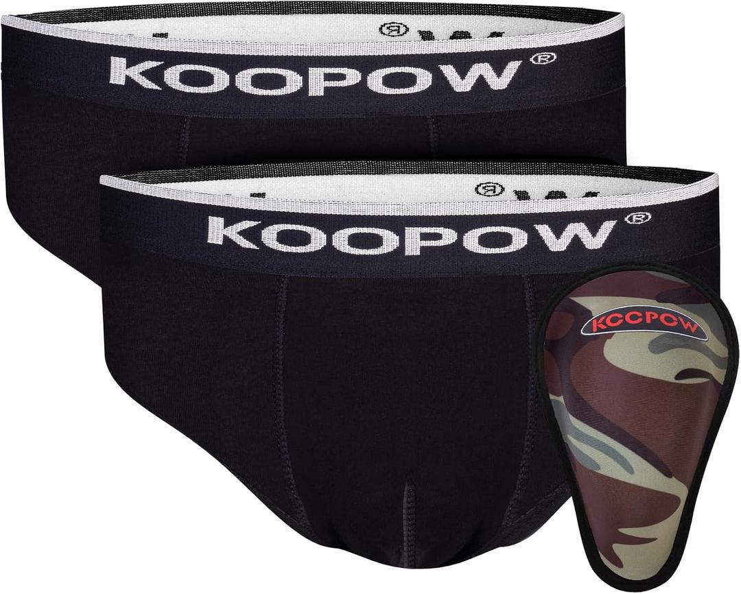 KOOPOW Youth Boys Baseball Cup Briefs With Soft Protective Athletic Underwear for Football, Lacrosse (Large, Black (2-pack))