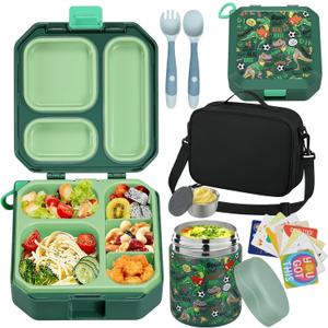 Bento Lunch Box for Kids with 12oz Soup Thermo Leak-Proof Lunch Food Container with 5 Compartment Thermo Hot Food Jar and Insulated Lunch Bag for Kid Toddler Girls Boys to School (Green - Dinosaur)