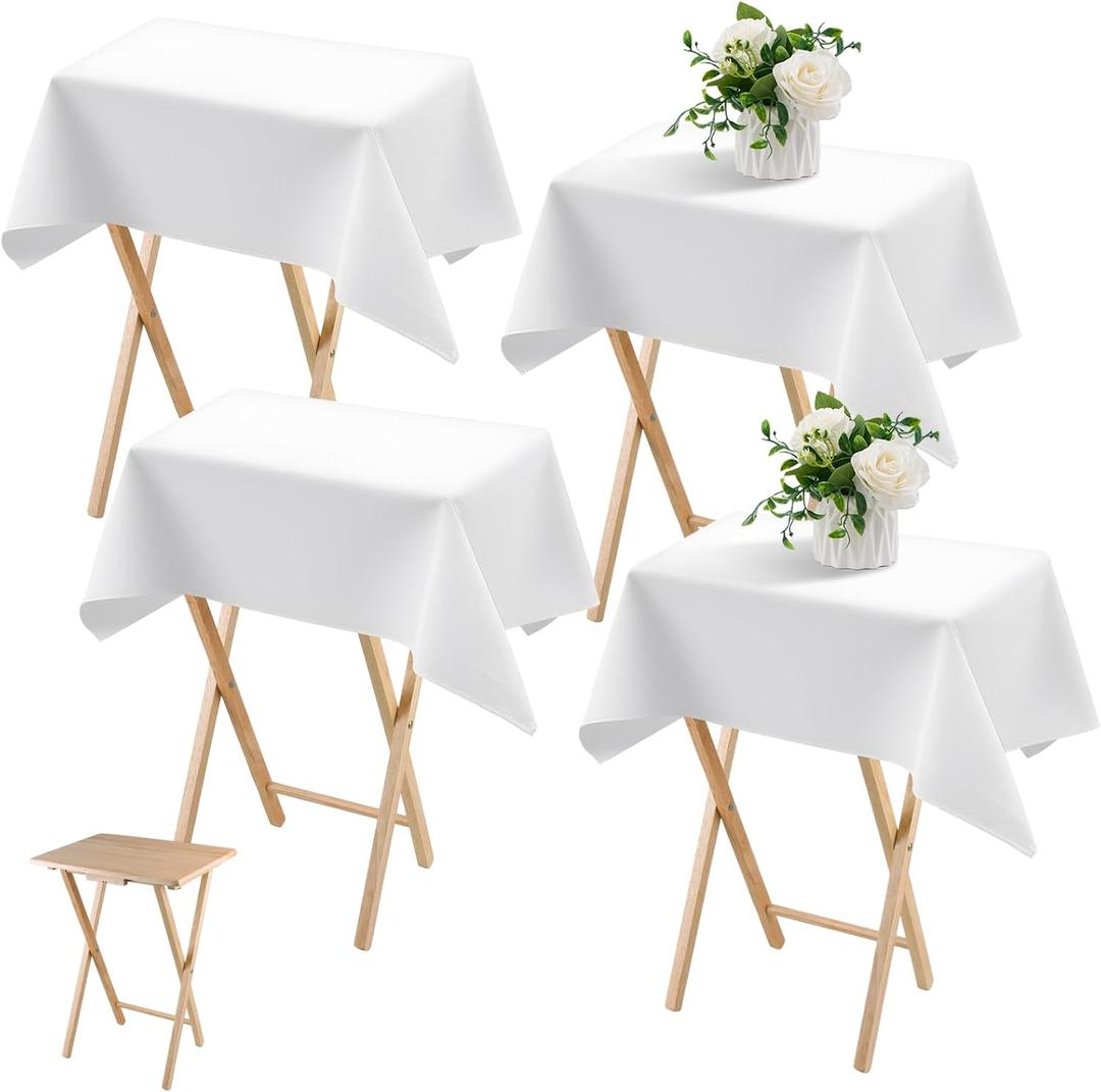 Oudain 4 Pcs Small Tablecloth Washable Fabric Folding TV Tray Table Cloth Polyester Solid Color Nightstand Cover for Bedside Table Side Outdoor Indoor(White, 24 x 36 Inch, Classic Edge)