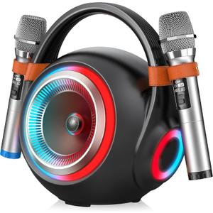MELOACE Karaoke Machine, Powerful Bluetooth Speaker with 2 UHF Wireless Microphones, Versatile Portable PA System, Loud Sound with Crystal-Clear Treble & Rich Bass for Home Party and Outdoor Events