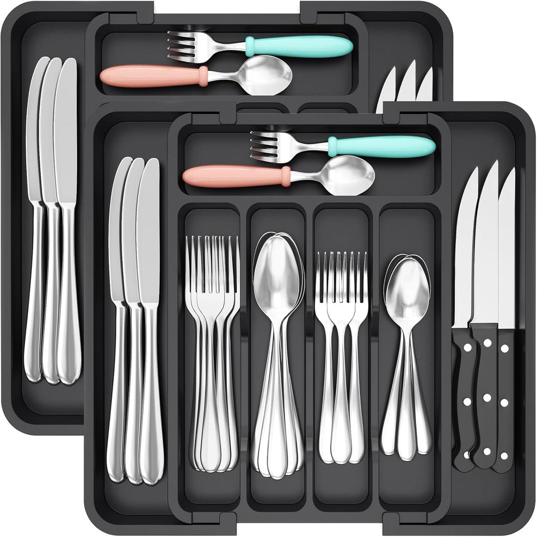 Lifewit Silverware Drawer Organizer, Expandable BPA Free Utensil Tray for Kitchen, Adjustable Flatware and Cutlery Holder for Spoons Forks Knives, Plastic Kitchen Organizers and Storage, Black (Medium(8.9-14.7''W x 12.2''D))
