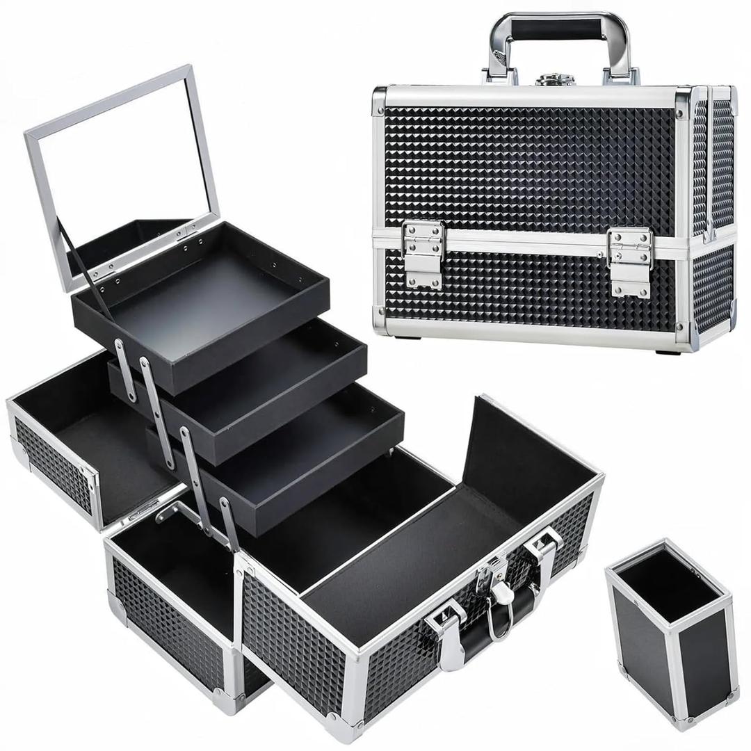 Joligrace Makeup Case Organizer Box, 11.8 Inch Makeup Train Case with Mirror, 3-Tray Make-up Cosmetic Storage Box with Brush Holder, Lockable Large Makeup Organizer Carrying Case, Shiny Black