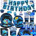174pcs Video Game Birthday Decorations-Serves 25, All-in-one Gamer Birthday Party Decorations with 300gsm Plate, Tablecloth, Banner, Centerpiece, Cake Topper, Hanging Swirl, Etc