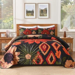 Andency Floral Boho Queen Quilt Bedding Set Black, 3 Pieces Farmhouse Flower Botanical Summer Bedspreads with 2 Shams, Soft Reversible Lightweight Microfiber Coverlet Set for All Season, 90"x96" (Crimson Bloom)