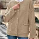 Saodimallsu Women's Chunky Knit Cardigan Button Down Crewneck Long Sleeve Cropped Sweater with Pockets (L)