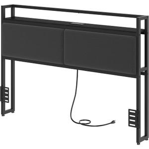 Headboard with Charging Station, Queen Size Headboard Only, Upholstered Queen Head Board with Open Storage, Height Adjustable, Vintage Style, Sturdy and Stable, Black