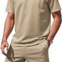 Aiyino Mens 2-Piece T-Shirt & Shorts Set Casual Track Suit for Summer | Relaxed Fit for Gym, Running, Travel or Lounging. (Beige, XL)