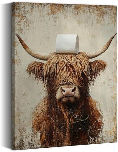 Highland Cow Funny Bathroom Canvas Wall Art Rustic Brown Cute Cow Animal Painting Picture Wall Decor Vintage Farmhouse Poster Print Artwork for Bath Restroom Home Decoration FRAMED