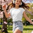 2 x Girls Summer Casual Tee Shirts Tops Short Sleeve Kids Crewneck Cap Sleeve Tank Top Basic Loose Fit Cute T Shirt (White)