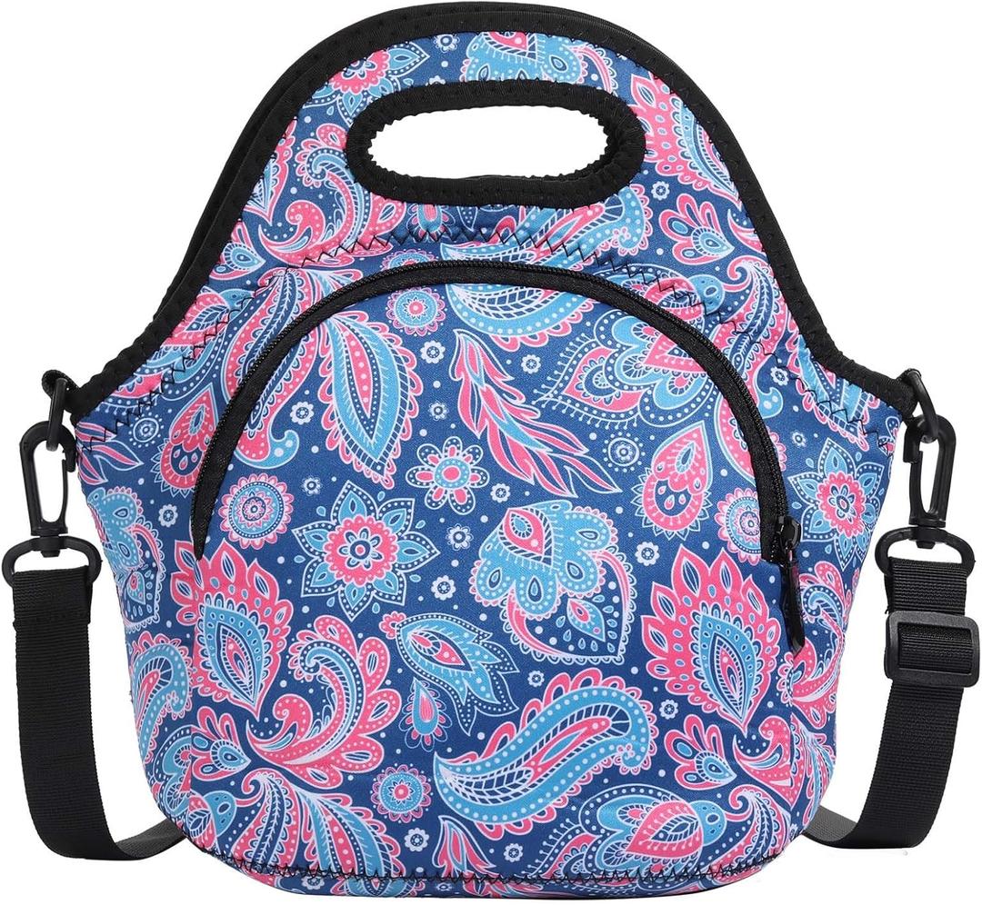 Neoprene Lunch Bag, Thermal Insulated Lunch Tote Bag with Detachable Shoulder Straps, Lightweight & Reusable Lunch Bag for Women Men (Cashew Flowers (Upgraded Version))