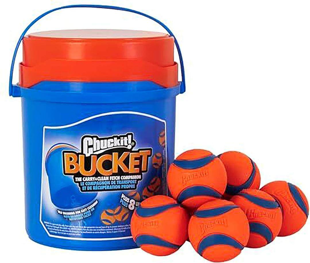 Chuckit! Ultra Ball Dog Toy with Chuckit! Cleaning Bucket, Bouncy Fetch Pet Toys For Dogs 20-60 lbs, Interactive Dog Toys, Durable Rubber, Size Medium, 2.5-inch Diameter, 8-Pack of Balls