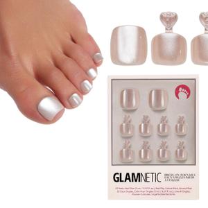 Glamnetic Press On Toenails - Pure Intentions | Subtle Iridescent Nude Sparkle Fake Toe Nails in a Glossy Finish | 16 Sizes - 32 Toe Nail Kit with Glue