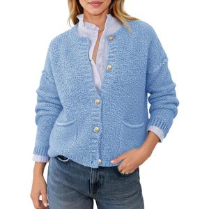 Saodimallsu Women's Chunky Knit Cardigan Button Down Crewneck Long Sleeve Cropped Sweater with Pockets (Blue, L)