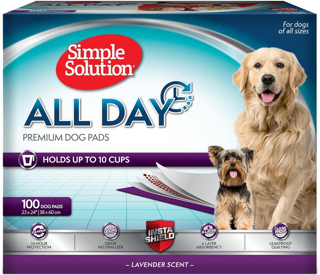 Simple Solution All Day Puppy Training Pads Lavender Scented Leak-Proof Pee Pads for Dogs Disposable and Absorbent for Housebreaking and Indoor Use 23 x 24 Inches 100 Count