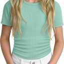 Girls' Shirt Short Sleeve Basic Top Tween Summer Ribbed T-Shirt Teen Cute Fitted Soft Tee for Kids Aged 5-14