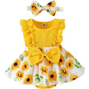Infant Baby Girl Summer Outfits Lace Ruffle Short Sleeve Ribbed Romper Dress with Headband 1-18 Months (3-6 Months, Butterfly)