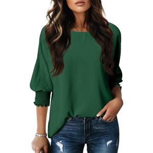 Dokotoo 3/4 Length Sleeve Womens Tops Dressy Casual Blouses Boat Neck Batwing Babydoll Top (Green, L)