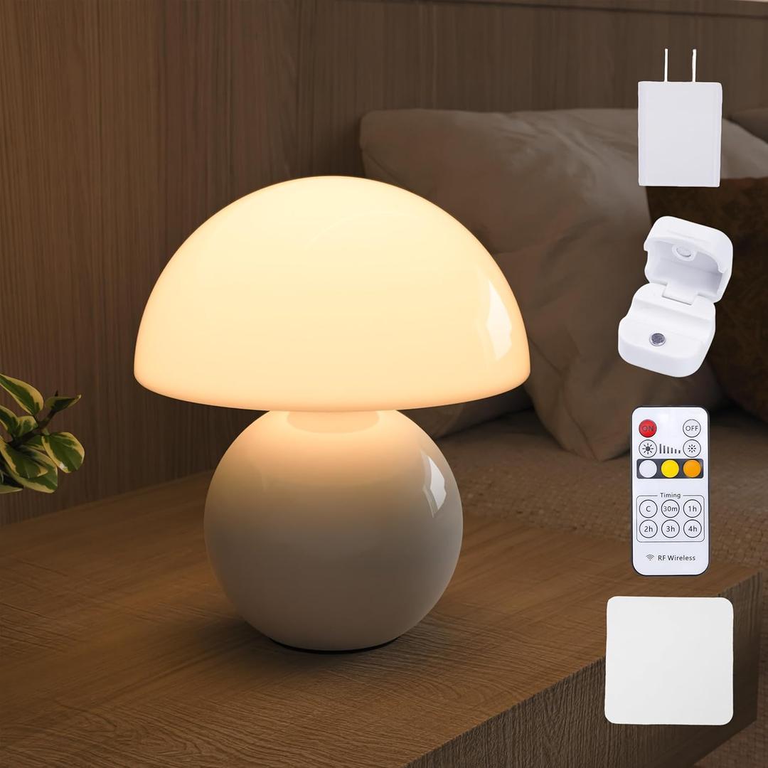 NATSUKASHI Mushroom Lamp for Bedroom - White Ceramic Mushroom Table Lamp with Remote, Dimmer & Cord Clip - Mid Century Modern Aesthetic Desk Lamp for Nightstand, Living Room, Gift Decor