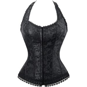 Kimring Women's Fashion Elegant Halter Satin Jacquard Lace Edge Corset (XX-Large, Black-upgraded)