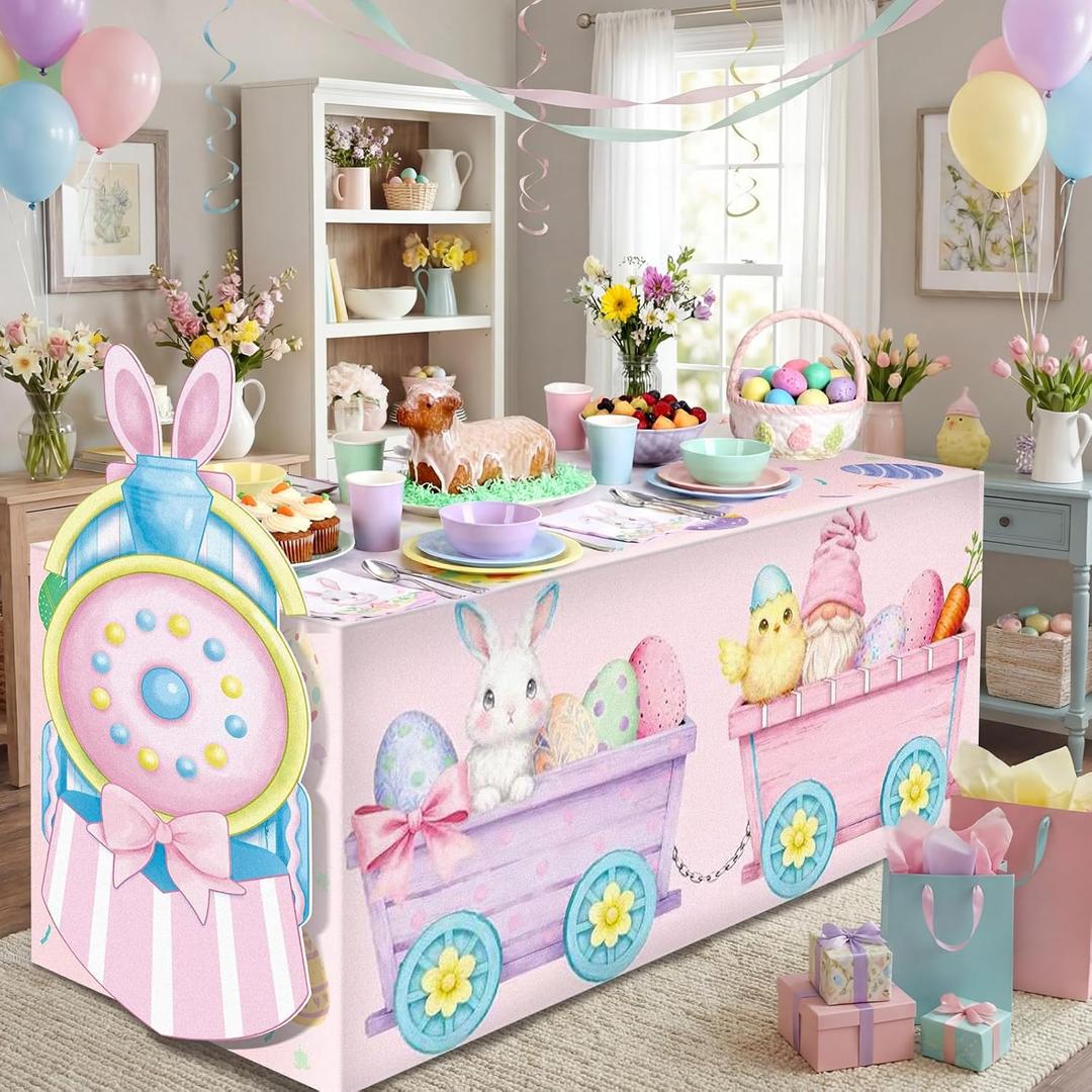 Oudain 2 Pcs Easter Table Tablecloth Decorations Bunny Train Table Cloth Decoration with Pastel Rabbit Eggs Gnomes Easter Party Favor for Picnic Dinner Outdoor Decorations Decor