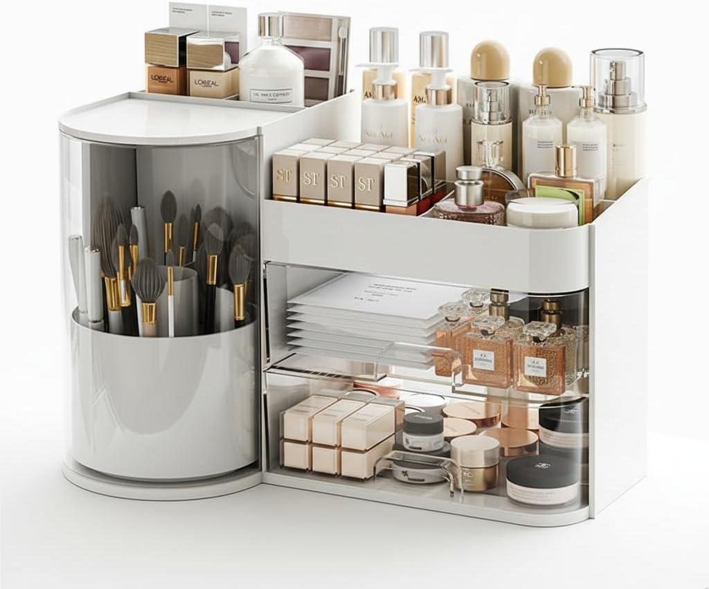 Makeup Organizer with Rotating ,Large Bathroom Countertop Cosmetic Organizer with Brushes Holder,Skincare Storage Organizer,Ideal makeup holder for Skincare,Lipstick and other items (Simple white)