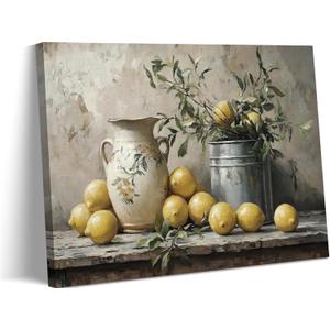 SAQANVAN Vintage Lemons Canvas Wall Art Country Kitchen Wall Decor picture Antique Fruit Painting Prints Farmhouse Still life Artwork for Country Style Home Decoration 24x16in