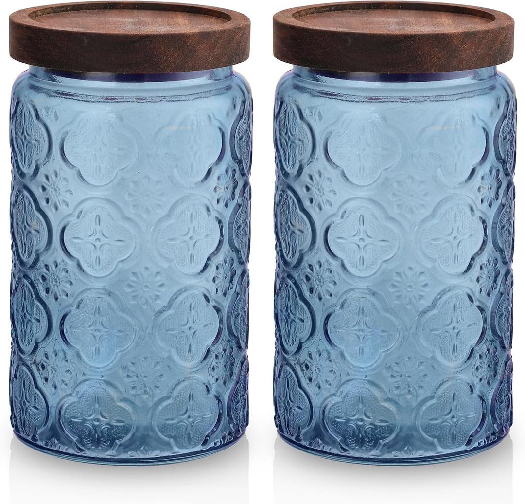 2 pack Decorative Mason Jars with Wooden Lids Colored Glass Kitchen Canister for Coffee Tea Cookie Airtight Vintage Food Storage Container with Embossed Floral Pattern (Blue Crabapple, Large)