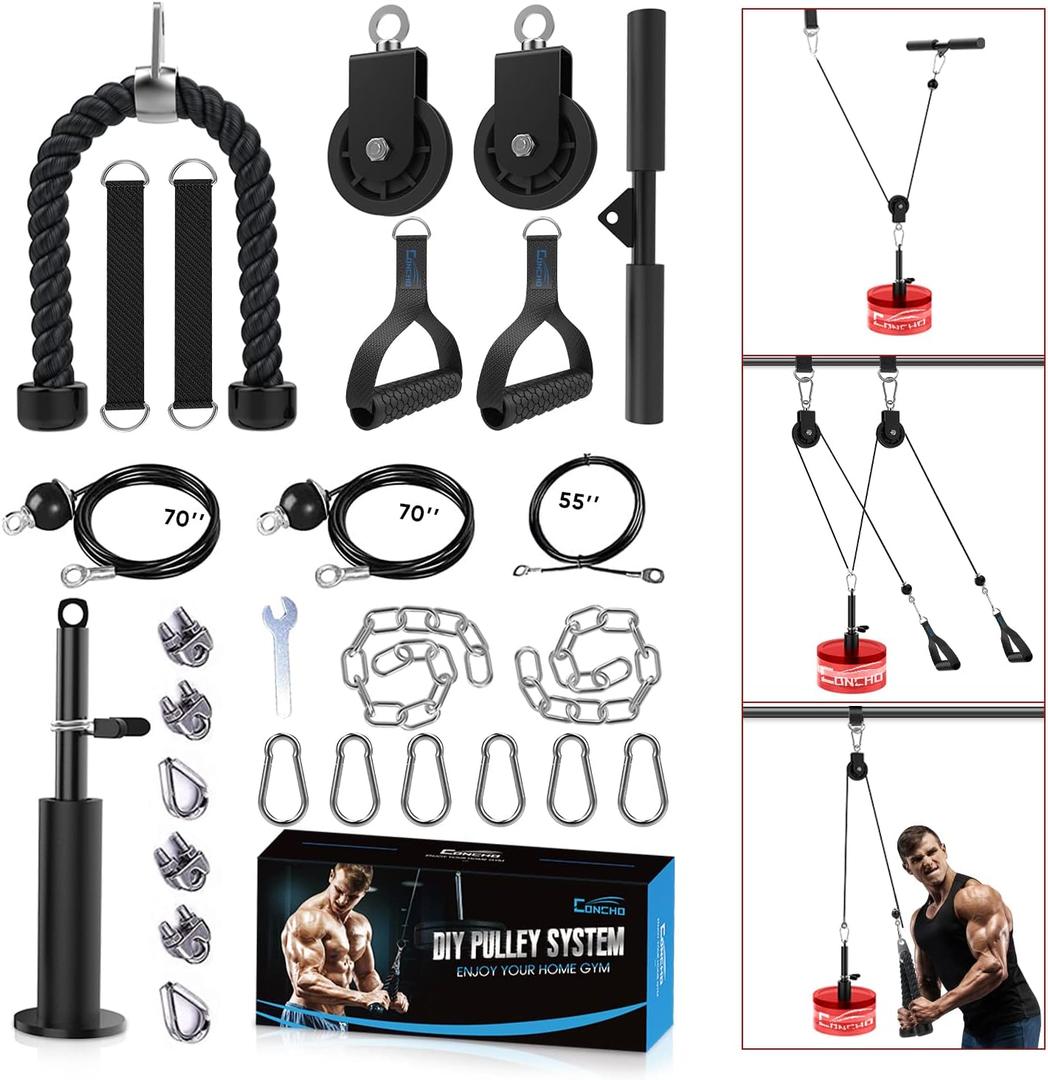 Concho Weight Pulley System, Upgraded Cable Pulley System Gym with Adjustable Weight Cable&Detachable Handles, Workout Pulley System for LAT Pulldown Triceps Biceps Curl Chest Home Gym Attachments (black)