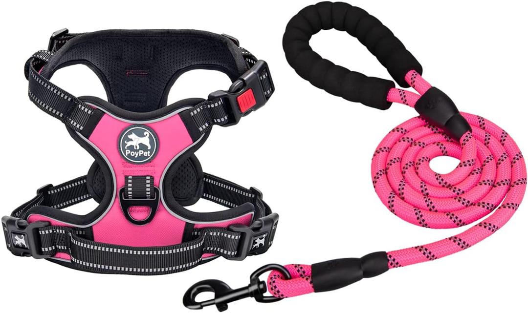 PoyPet Dog Harness and Leash Combo, Escape Proof No Pull Vest Harness, with 5 Feet Leash, Reflective Adjustable Soft Padded Pet Harness with Handle for Dogs(Pink,M)