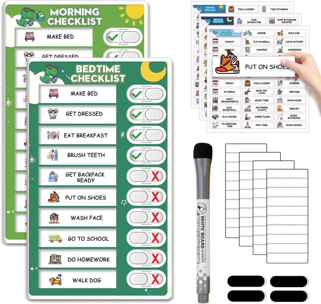 Upgraded Slider Morning/Bedtime Routine Chart for Kids Toddlers - Magnetic Kids Chore Chart for 2 Kids, Dry Erase Chore Chart for Kids, Visual Schedule for Kids