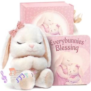 Baptism Gifts for Girl, Catholic Christening, Baby Dedication & Baptismal Gift Set for Baby Girls & Kids, with 9" Musical Praying Bunny Plush Toy & Everybunnies' Blessing Book in Keepsake Box
