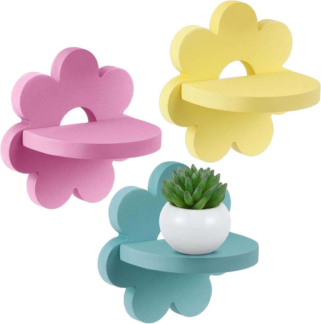 Suzile 3 Pcs Daisy Flower Plant Wall Shelf Kawaii Small Floating Shelves Cute Shelf Decor Boho Hanging Shelf for Bedroom Bathroom Living Room Nursery, Yellow Pink Green