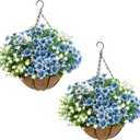 Artificial Hanging Flowers Basket for Outdoors, Faux Hanging Basket with Fake Flowers, UV Resistant Outdoor Hanging Plants for Porch Patio Garden Balcony Decor, White + Blue-White