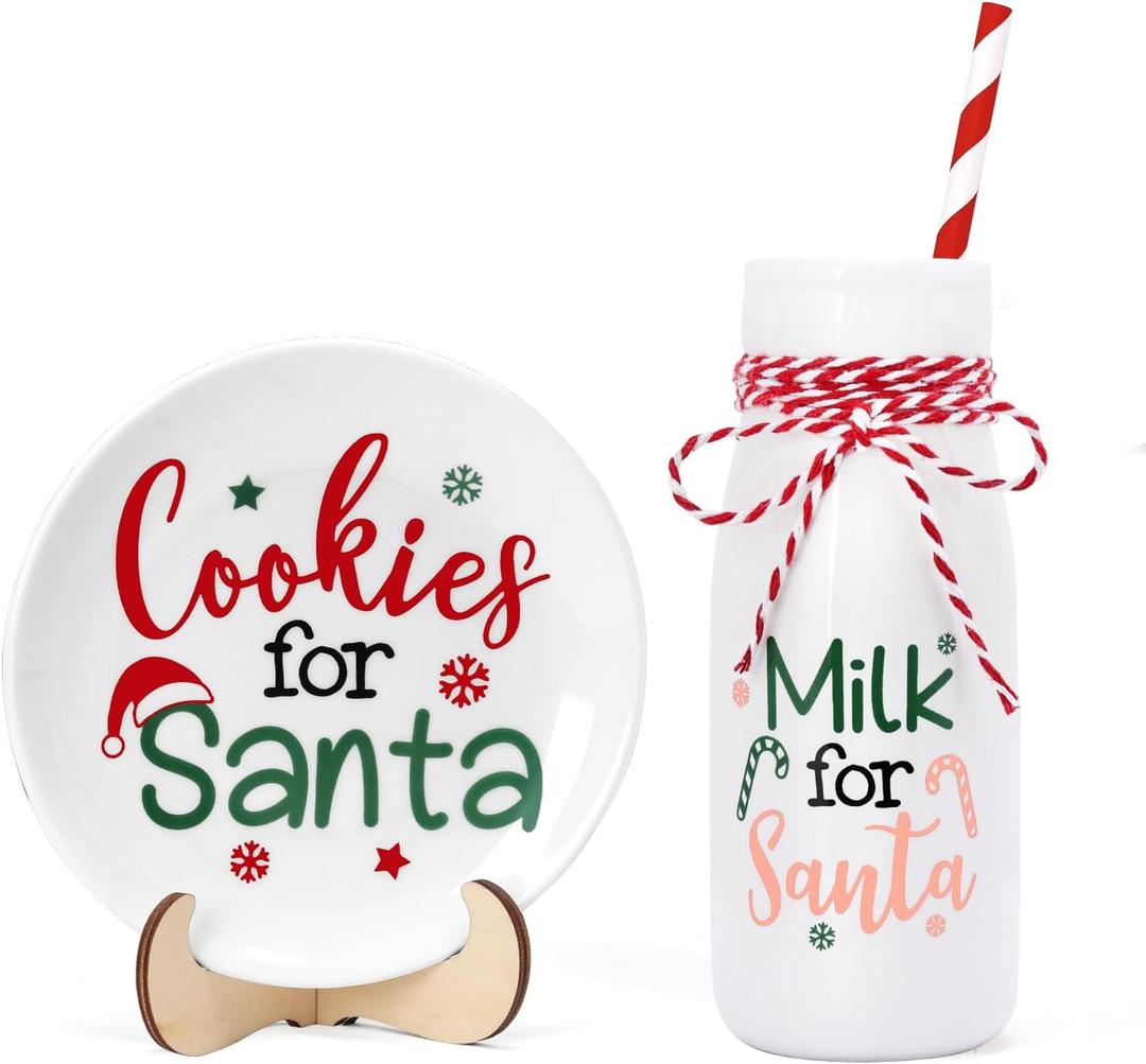 Nefelibata Cookies for Santa Plate Milk Jar Set, Christmas Tiered Tray Decor, Ceramics Xmas Treat Plate Home Kitchen Dining Table Decor Holiday Housewarming Gift