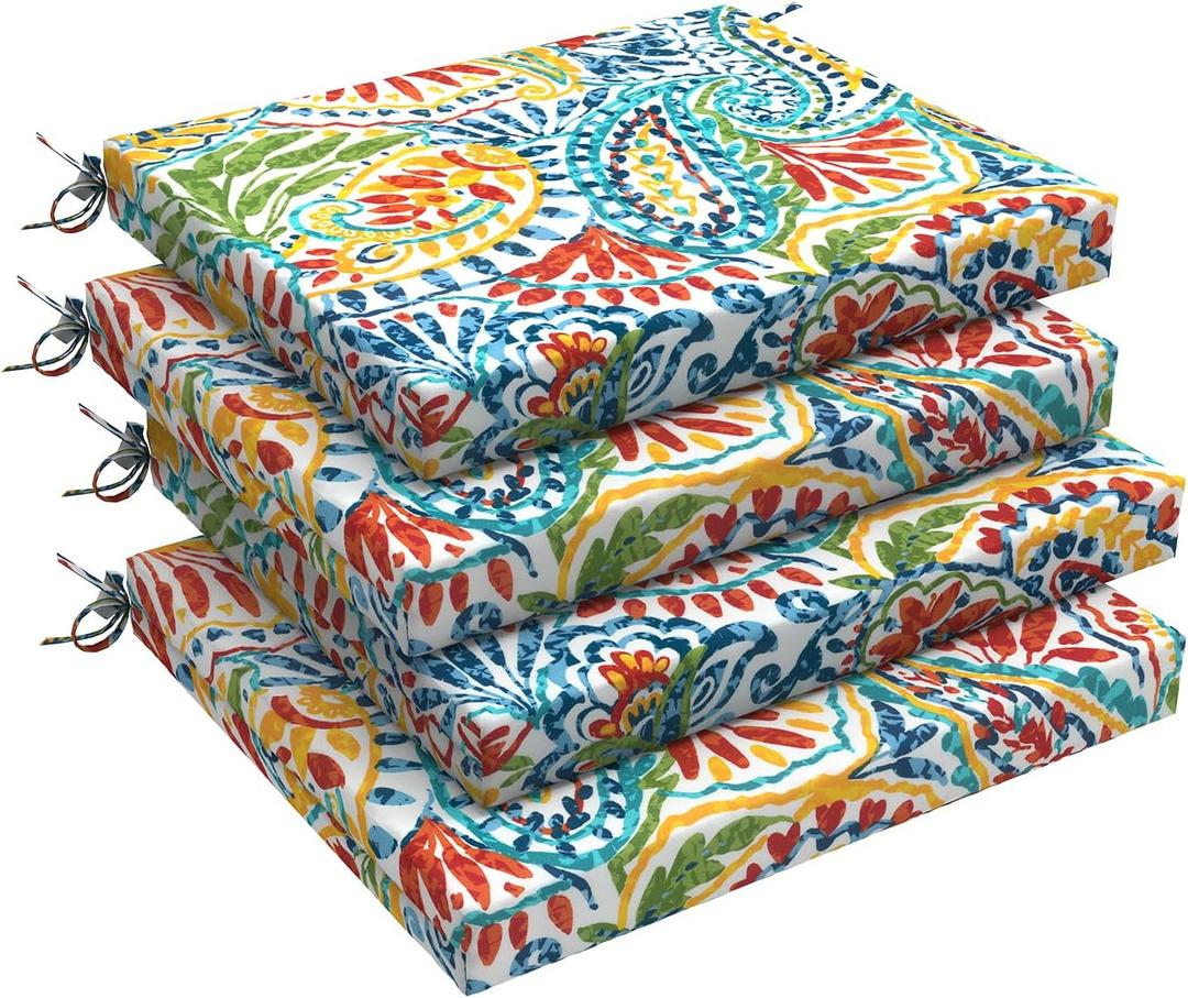 LVTXIII Outdoor Chair Cushions, Water Repellent Patio Furniture Cushions Outdoor Square Chair Pads with Ties for Dining Chairs and Garden Furniture Decoration, 18.5"x16"x2" Set of 4, Paisley Multi