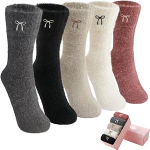 5 Pairs Fuzzy Soft Cozy Comfortable Socks for Women, Casual Sleep Comfy Socks, Perfect Warm Winter Gifts for Women (Solid Color-bow)