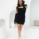 Short Sweater Dress for Women Cutout Sexy Bodycon Ribbed Knit Separate Sleeve 2025 Fall Winter (Black, L)