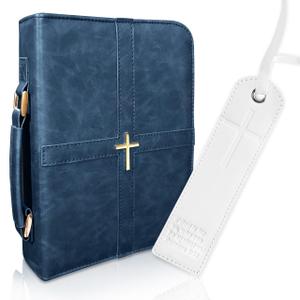 Bible Case, Vibrant & Inspiring Bible Cover, with Romans 8:31 Bookmark, Blue Bible Cover Case for Women or Men, Elegant Bible Bag, Durable PU Leather Book Cover