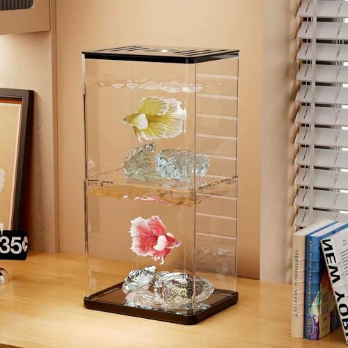 Small Betta Fish Tank, 2-Pack 0.3 Gallon Mini Aquarium with Adjustable Base Light & Gravels & Resin Crystal, Acrylic Fish Bowl for Desk Homes or Offices, Ideal for Beta Fish,Goldfish (Black - 2 Pack)
