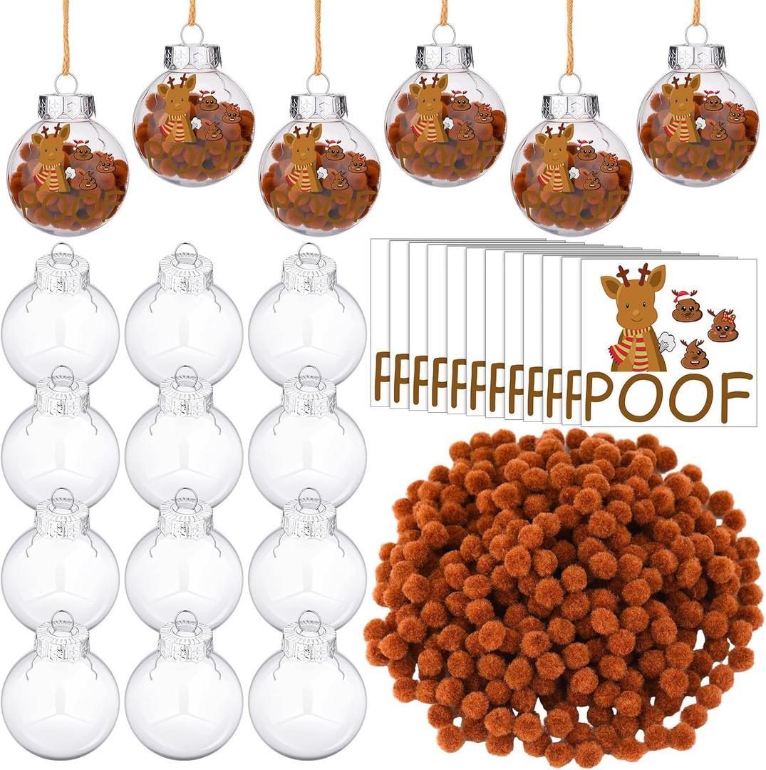 Giegxin 12 Set Funny Christmas Ornaments 2025 Kit Reindeer Poof Ball Prank Xmas Hanging Fillable Ball Ornament DIY Funny Hilarious for Home Christmas Tree Party Decor, 2.36 Inch