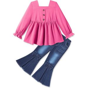 Toddler Girl Clothes Clothing Set Ruffle Long Sleeve Shirt with Flare Bow Jeans for 18M-7Y (2-3T, Pink)